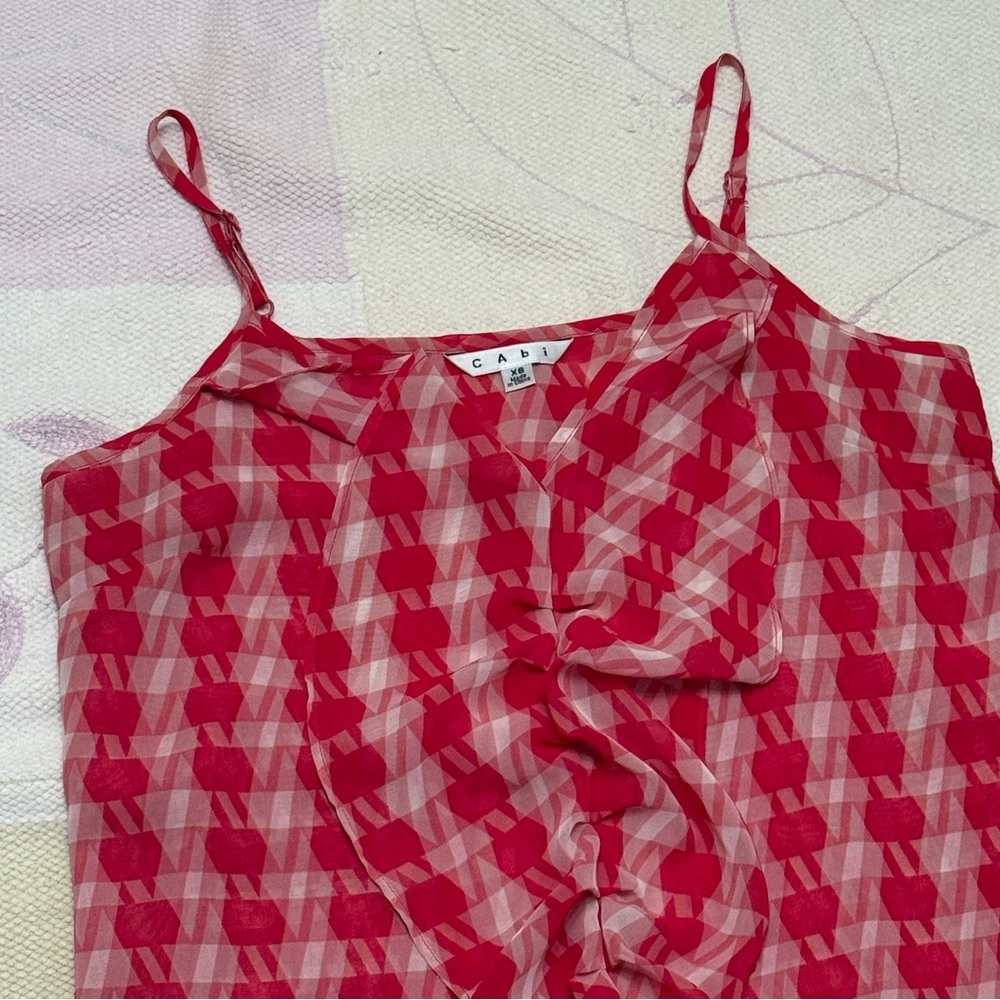 CAbi Amour Cami Lipstick Pink Ivory Ruffle Check Front Tank Top V-neck - Picture 3 of 6